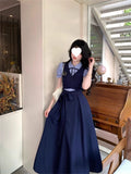 Deep Blue Scale College Style Splicing Two Waist Reduction Temperament Long Dress Early Autumn Polo Collar Skirt