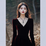 Toasting Host Annual Meeting Dress Dress High-End Light Luxury Niche Temperament Famous Red Velvet V-Neck Dress