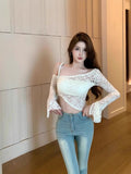 Spice Girls Pure Lust Wind Inclined Shoulder Long Sleeve Irregular Short Lace Spring Autumn New Body-Uppable Horn Sleeve Top