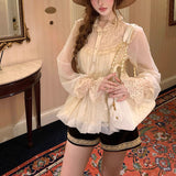 Feather Brocade Dreaming Of Ancient Doll Feel Lace T-Shirt Lace Lace Bud Shirt Long-Sleeved Woman