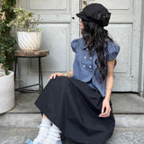 Vintage Sweet Double Buckle Lattice Bubble Sleeve Loose Shirt Korean Girl Good Temperament Doll Shirt Top