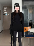 Black Strap T-Shirt Women's Spring And Autumn New Bottom With A Long Design Feel Open Fork To The Waist Thin Top