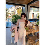 Early Autumn New French Romantic Pink Floral Sling Dress Women's 2025 Summer Mesh To Close The Waist Open Fork Mid-Long Dress
