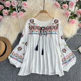 Spring Dress 2025 Holiday National Style Retro Heavy Industry Embroidery Flowers Ocean Gas Lantern Sleeve Loose Blouse Tide