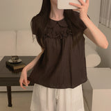 Korean Sweet Age-Bearing Doll Tie Wooden Ear Splicing Short Sleeve Lattice Shirt Woman Loose Thin Wind Top