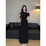 Pure Desire Short Sleeves Inclined Shoulder Open Fork Dress Temperament Slimmed Bodybony Hip Dress Shoulder Wrinkles Niche Design Sense
