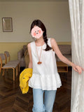 Korean Chic Lace Spliced Sleeveless Vest Shirt For Women's Summer New Sweet Design Loose White Top