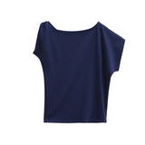 Spice Girls Fashion Slanted Shoulders Loose Short-Sleeved T-Shirt Girls Summer New Design Feel Skinny Shoulder