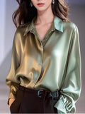 Heavy Silk Shirt Woman 2025 New Hong Kong Flavor Solid Color Hanging Sense Of High-End Unique Green Acetic Acid Vertinate Fascination Shirt
