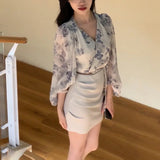 Soft Misty-Slender Lantern Sleeve Top French Temperament Ink Print V Collar Long Sleeve Short New Chinese Top