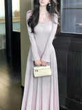 [Snow] Gentle Atmosphere Lace V-Neck Knitted Dress Waist Thin A Long Dress