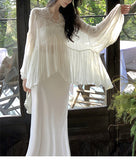 [Snow] National Wind Clear Cold Feeling V-Neck Lace A Set Of Slanted Fish Tail Half-Dress Suit