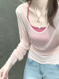 Summer New Korean Design Colliding V-Neck Long Sleeve Thin Sunscreen Knitting Shirt + Bow Slings Stacked Clothes