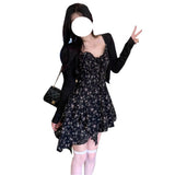Large-Size Women's French Floral Sling Dress Summer Fat Mm Irregular Thin Black Dress
