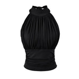 Korean Version Of Sexy Hottie Folded Short Folded Folded Body Shoulder Hanging Neck Vest Thin Solid Color Wearing T-Shirt New
