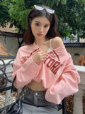 Fake Two V-Neck Print T-Shirt Girl Spring And Autumn Loose High-Waist Umbilly Twitching Short Tat