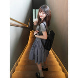 Summer Chic Set 2026 New Gray Round-Neck T-Shirt Tibetan Green Lattice Half-Dressed Two-Piece