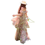 2026 Premium Purple Smoke Loo French Temperament Vacation Fish Line Fragile Chiffon Cake Dress Short Sleeve Suspension Dress