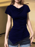 Vintage Irregular Short-Sleeved T-Shirt Red Summer New Fashion Slim Temperament Topess Women Ins Trend