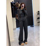 Irregular Solid Color Repair Body Dress Women's Fashion Set Of Spring And Autumn High Waist Broad Leg Trousers Casual Two Sets