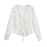 Sexy Pure Lust Style Lace Lace Design White Shirt Female Hottie Tied Door To Waist Temperament Long-Sleeved Top