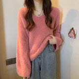 Winter New Women's Gentle Wind Temperament Knitted Sweater Soft Glutinous Wind V Collar Lazy Top Loose Water Marinade