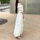 Lace Lace Bubble Sleeve Shirt Top Women's Summer Half Skirt Set Cold Feeling White Moonlight Fashion Temperament
