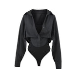 Korean White Fake Two-Piece Design Hottie Repair Long-Sleeved Hottie Sexy Conjoined Shirt Autumn