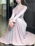 [Snow] Gentle Atmosphere Lace V-Neck Knitted Dress Waist Thin A Long Dress