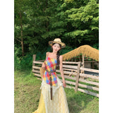 Xinjiang Sichuan West Travel Wearing Dopamine Yellow Lattice Folded Lace Yellow Skirt Three-Piece Set Of Women's Summer
