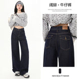 Vintage Dark Blue Broad-Legged Jeans Women's Fall 2025 High-Rise Loose-Fitting Slim Languid Tugging Trousers