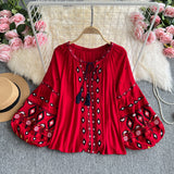 Bohemian Holiday Lantern Sleeve Shirt Female Heavy Industry Embroidery Tidaught Loose Design Sense Literary Temperament Top