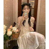 White Pure Lust Wind Out-Shoulder Straped Round Collar Dress Female New Summer Gentle Temperament Sweet First Love Dress