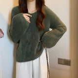 Winter New Women's Gentle Wind Temperament Knitted Sweater Soft Glutinous Wind V Collar Lazy Top Loose Water Marinade