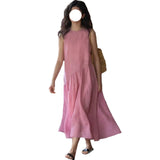 French Pink Linen Dress Women 2025 Spring And Summer New Small Cheesy Loose Lanky Long Vest Skirt