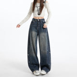 2026 Spring New Full Star Glitter High-Rise Loose Broad-Legged Jeans Women Thin Straight Tube Trousers