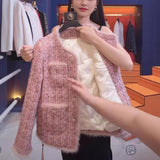 Pink Small Fragrant Wind Inside The Cotton Coat Women's New Winter Coarse Flowers, The Famous Wind Top Women's Coarse Flowers Women's Clothing