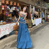 Xishuangbanna Tourism Holiday Style Wearing Suit Female Bohemian Print Blouse Blue Half-Body Dress