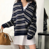 South Korea Chic Autumn And Winter New Loose Feeling Polo Collar Buckle Striped Sweater Lazy Casual Knitting Shirt