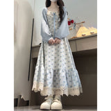 2026 Summer New Korean College Wind And Flower Dress Women's Leather Lace Pinyin Doll Collage Gentle Skinny Dress
