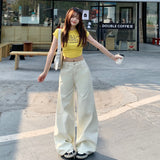 2026 Vintage Jeans Women's Design Sense Of Splicing Rice White Loose Broad-Legged Straight Trousers
