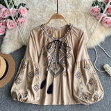 Bohemian Heavy Industry Embroidered Tuxedo Women's Spring Long Sleeves Loose Meat Cover Lantern Sleeve Holiday Blouse