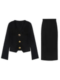 Luxury Shiny Silk Mordell Double-Sided Knitting | Irregular Metal Buckle Body V-Neck Knitting Set