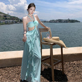 2025 Sensing Elf Girl Sexy Bare-Rise Flower Decoration Bare Back Leaves Side Design Hanging Neck Woman Dress