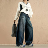 Cute Street Loose Broad Leg Three-Dimensional Cut-Shaped Water Wash Jeans Drag Floor Pants Nine-Point Trousers Length