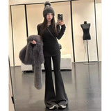 Autumn And Winter Wear A Set Of Women's Fashion Leisure Slim Thin Open Fork Long-Sleeved T-Shirt Broad Leg Pants Two Sets Of Women