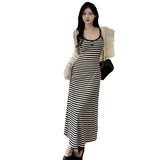 Yuyue Yue Striped V-Neck A-Character Sling Dress Woman Xia Han Casually Repair Waist-Skinny Dress