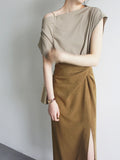 JOJOZ Mustard Mist Texture Cross Design High Waist Side Over The Knee Skirt Temperament Fashionable Girl Dress
