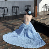 2025 Super Fairy Summer Wave Blue Pure Desire Holiday Windy Back Dress To Collect The Waist Thin Skirt Slings Long