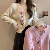 Thick And Gentle Little Fragrant Style Short Knitted Cardigan Sweater Autumn New Sweet Three-Dimensional Flowers Pink Clothes